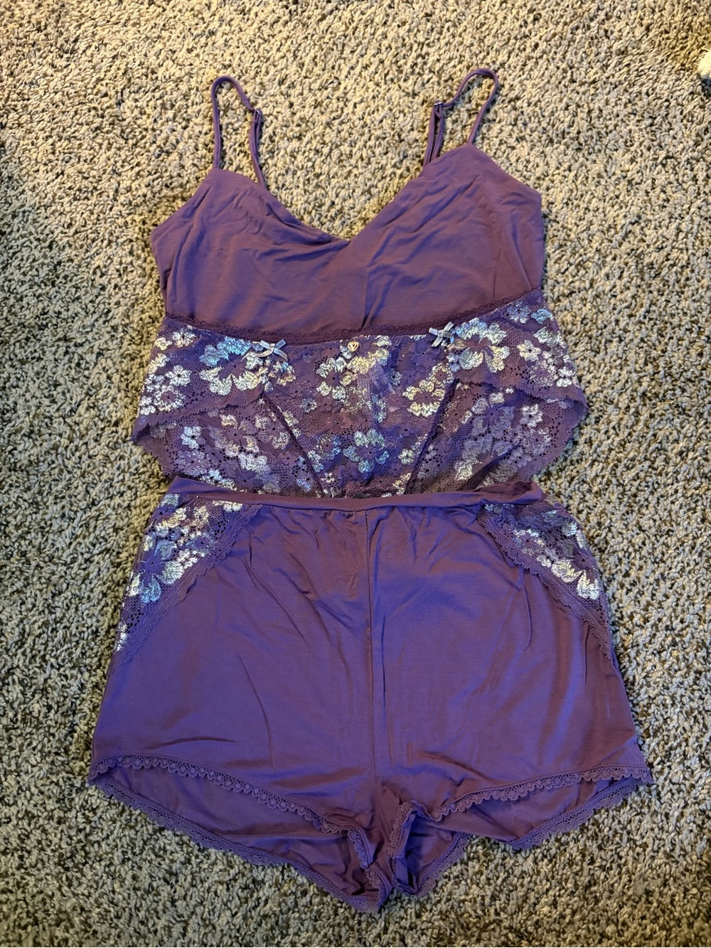 Victoria's Secret Purple Floral Lace Cami Panty & Short Pajama Set